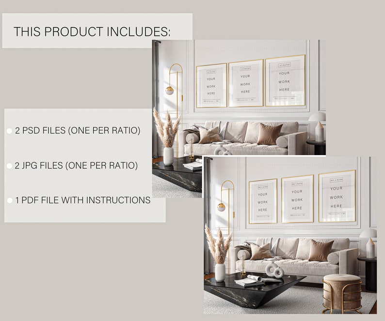 May include: Mockup of a living room with a beige sofa and three framed prints on the wall. The prints are gold-framed and have the text "Your Work Here" on them. The room also features a black coffee table, a gold floor lamp, and a gold and white vase with dried pampas grass.