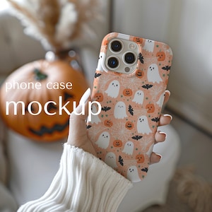Phone case mockup for Halloween, Tough cell phone cover mock up with person, Woman holding phone clear case for Fall, iPhone 15 template