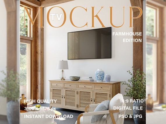Farmhouse TV Frame Mockup: Wall Art Display (PSD, JPG)