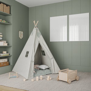 Two white frame mockup in Kids room.
Display your artwork in this neutral nursery interior frame mockup and post it on your shop and social media. Perfect for small business artists who create art prints and posters.