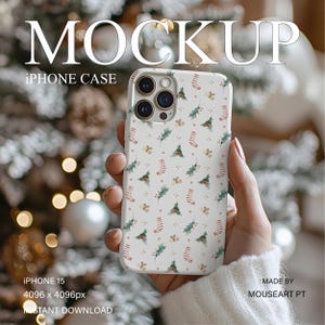 Handyhüllen Mockup für Weihnachten, Robuste Handyhülle mit Person, Frau mit durchsichtiger Handyhülle für Urlaub, Digitales iPhone 15 PSD