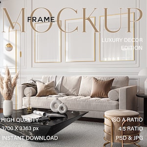 3 Frame mockup in Luxury home interior, Three golden frames in living room with sofa, Framed poster for wall art and prints display, PSD