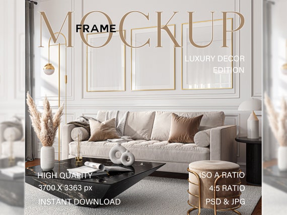 Gold Frame Mockup: 3 Frames in luxury living room, PSD, JPG, Photoshop Photopea template