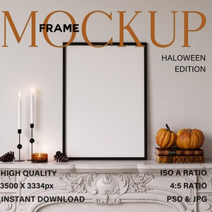 Modello di cornice di Halloween, modello di cornice nera singola, cornice verticale singola, modello di poster incorniciato autunnale, modello di zucca, poster da parete A4, PSD