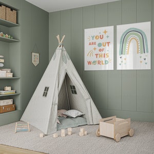 Two white frame mockup in Kids room.
Display your artwork in this neutral nursery interior frame mockup and post it on your shop and social media. Perfect for small business artists who create art prints and posters.