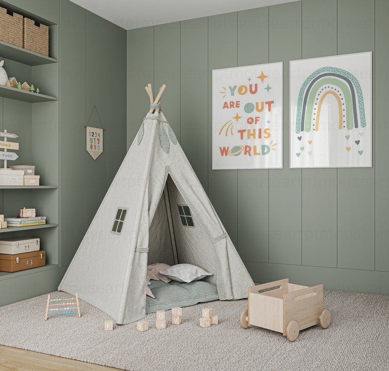 Two white frame mockup in Kids room.
Display your artwork in this neutral nursery interior frame mockup and post it on your shop and social media. Perfect for small business artists who create art prints and posters.