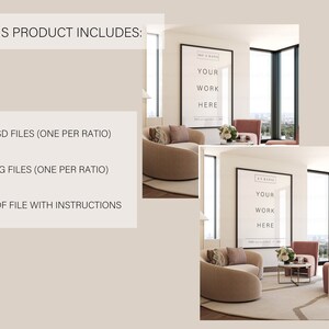 May include: Mockup of a living room with two beige armchairs and a framed poster that says "Your Work Here". The poster is in a black frame and is hanging on a white wall. The room is decorated with a rug, a coffee table, and plants.