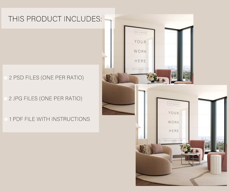 May include: Mockup of a living room with two beige armchairs and a framed poster that says "Your Work Here". The poster is in a black frame and is hanging on a white wall. The room is decorated with a rug, a coffee table, and plants.