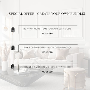 May include: A white couch with a white throw pillow and a peach throw pillow. Text on the image reads: "SPECIAL OFFER - CREATE YOUR OWN BUNDLE!"  "BUY 4 OR MORE ITEMS - 30% OFF WITH CODE MOUSE30"  "BUY 6 OR MORE ITEMS - 40% OFF WITH CODE MOUSE40"  "BUY 10 OR MORE ITEMS - 50% OFF WITH CODE MOUSE50"