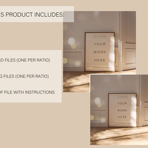 May include: Mockup of two framed posters with the text "Your Work Here" in a room with white walls and wooden floors. The posters are in different aspect ratios, ISO A and 4.5. This product includes 2 PSD files, 2 JPG files, and 1 PDF file with instructions.