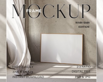 Horizontal frame mockup on floor, Landscape wooden frame mockup, Side angle framed poster mock up in minimalist interior mockup, Photoshop