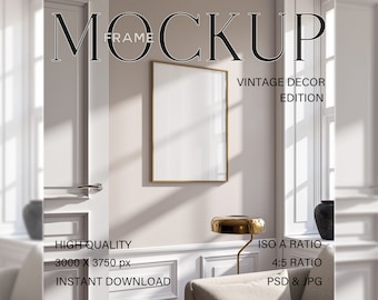 Vertical Frame Mockup: Wall Art Display in vintage living room interior (PSD, JPG), Wooden frame on wall, Photoshop Smart object