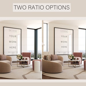 May include: Two interior design mockups featuring a living room with a beige sectional sofa, two pink armchairs, a coffee table, and a side table. The mockups show two different frame sizes with the text "YOUR WORK HERE" in black text on a white background.