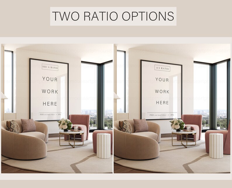 May include: Two interior design mockups featuring a living room with a beige sectional sofa, two pink armchairs, a coffee table, and a side table. The mockups show two different frame sizes with the text "YOUR WORK HERE" in black text on a white background.