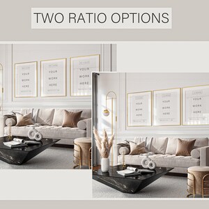 May include: Three gold framed posters with the text "YOUR WORK HERE" hanging on a white wall in a living room with a beige sofa, a black coffee table, and a gold floor lamp.