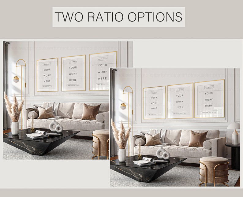 May include: Three gold framed posters with the text "YOUR WORK HERE" hanging on a white wall in a living room with a beige sofa, a black coffee table, and a gold floor lamp.