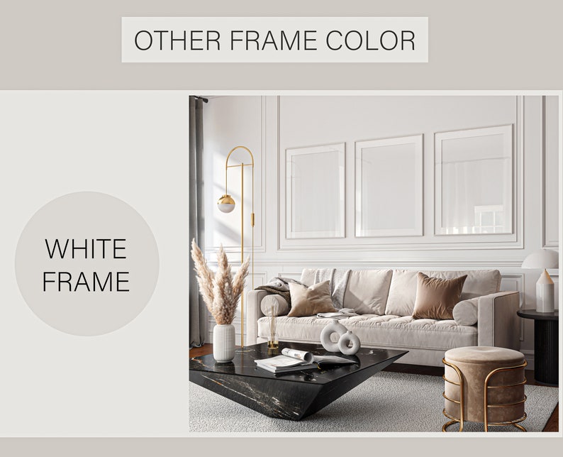 May include: Three white picture frames with white matting are hung on a white wall with white trim. The frames are in a living room setting with a couch, coffee table, and a floor lamp.