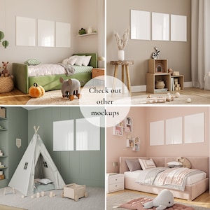 Peut inclure: Quatre maquettes diff&eacute;rentes d'une chambre d'enfant avec des cadres blancs au mur. La premi&egrave;re maquette montre un lit vert avec une couverture &agrave; motifs blancs et verts. La deuxi&egrave;me maquette montre une &eacute;tag&egrave;re en bois avec des livres et des jouets. La troisi&egrave;me maquette montre une tente tipi avec un tissu &agrave; motifs blancs et gris. La quatri&egrave;me maquette montre un lit rose avec une couverture &agrave; motifs blancs et roses.