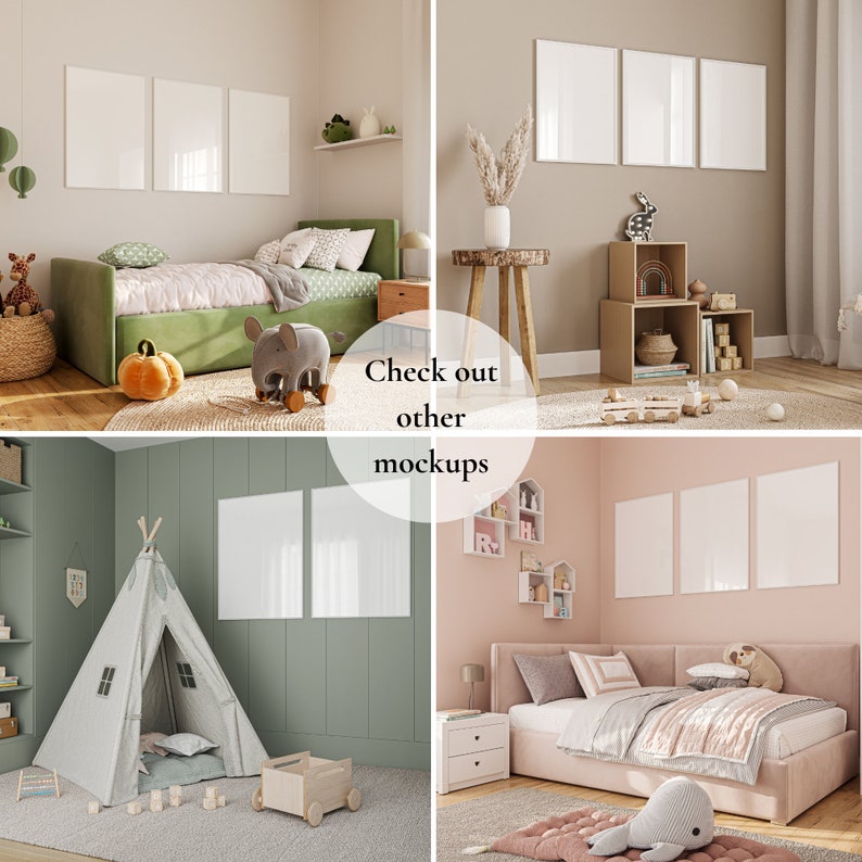 Peut inclure: Quatre maquettes diff&eacute;rentes d'une chambre d'enfant avec des cadres blancs au mur. La premi&egrave;re maquette montre un lit vert avec une couverture &agrave; motifs blancs et verts. La deuxi&egrave;me maquette montre une &eacute;tag&egrave;re en bois avec des livres et des jouets. La troisi&egrave;me maquette montre une tente tipi avec un tissu &agrave; motifs blancs et gris. La quatri&egrave;me maquette montre un lit rose avec une couverture &agrave; motifs blancs et roses.