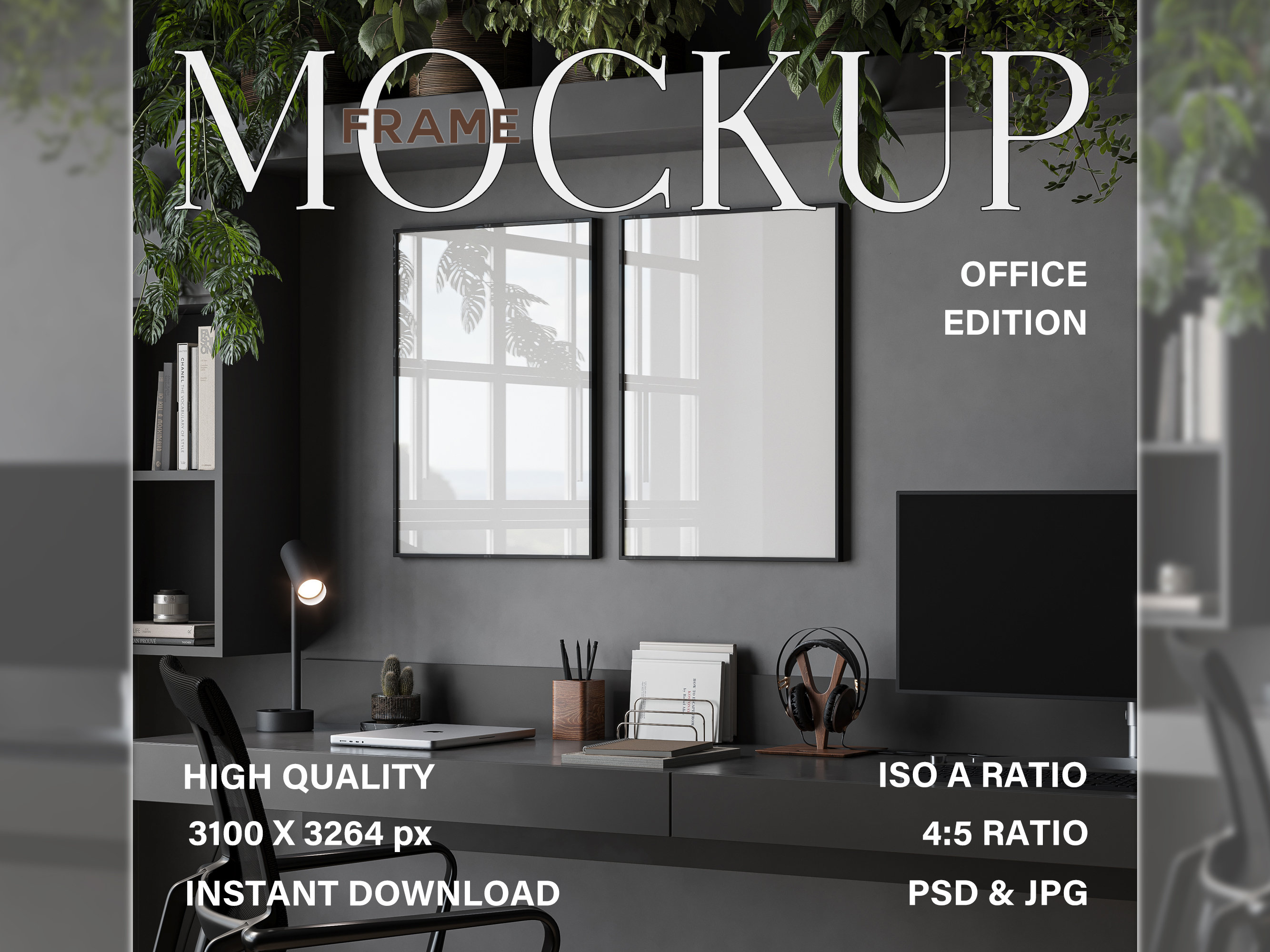 Frame mockup Office, Black frame mock up set of 2 for digital prints, DIN A Framed poster on desk for Wall Art, Dark interior PSD Photoshop