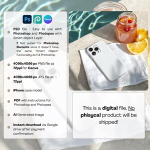 May include: A white iPhone case rests on a white towel next to a glass of pink beverage with fruit and a sliced orange. Text on the image states, "This is a digital file. No physical product will be shipped!"
