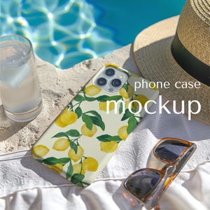 iPhone 15 Case Mockup: Summer Poolside Display (PSD, JPG, PDF), Tough phone cover Mock up, Clear Case for Photoshop and Canva
