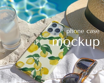 iPhone 15 Case Mockup: Summer Poolside Display (PSD, JPG, PDF), Tough phone cover Mock up, Clear Case for Photoshop and Canva