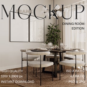 Mockup de moldura, mockup de 2 pôsteres para impressão, conjunto de duas molduras pretas para arte de parede, mockup de interior de sala de jantar, impressões digitais Photoshop PSD