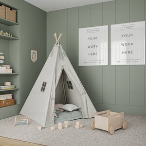 Two white frame mockup in Kids room.
Display your artwork in this neutral nursery interior frame mockup and post it on your shop and social media. Perfect for small business artists who create art prints and posters.
