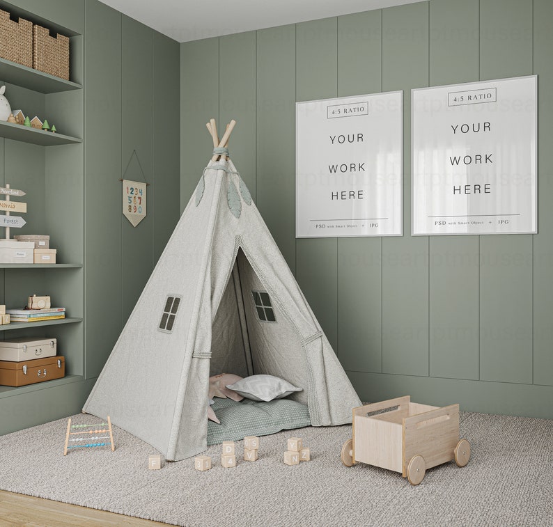Two white frame mockup in Kids room.
Display your artwork in this neutral nursery interior frame mockup and post it on your shop and social media. Perfect for small business artists who create art prints and posters.