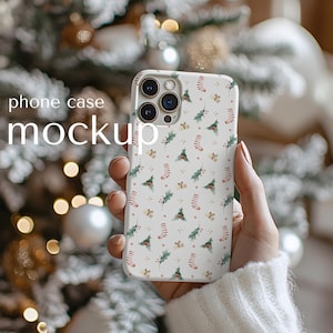 Christmas iPhone 15 Case Mockup: Woman Holding Clear Phone (PSD Digital Download), Tough phone cover Mock up for Canva