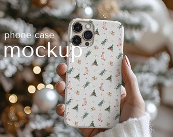 Christmas iPhone 15 Case Mockup: Woman Holding Clear Phone (PSD Digital Download), Tough phone cover Mock up for Canva