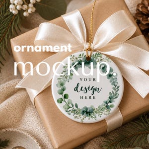 Ornament Mockup Christmas, Ceramic Ornament on gift box, Gift tag Ornament Mock up for Canva PNG and Smart Object PSD Photoshop