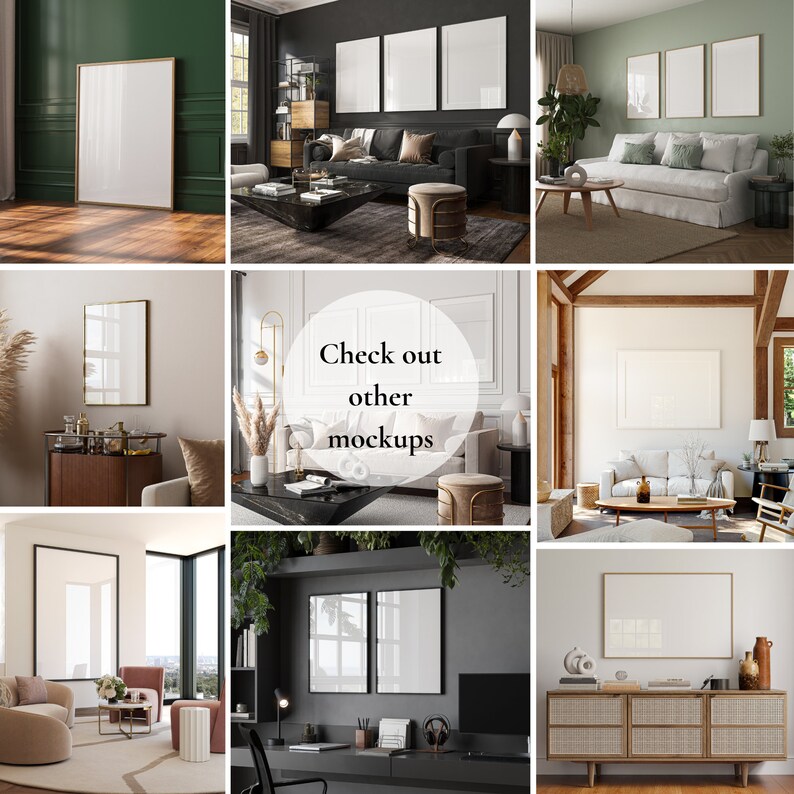 May include: A collage of nine images showcasing different interior design styles featuring framed artwork mockups. The images include a living room with a black sofa, a bedroom with a white bed, a home office with a desk, and a dining room with a table. The artwork is displayed in various sizes and arrangements, providing inspiration for home decor.