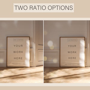 May include: Two mockups of a framed poster with the text "YOUR WORK HERE" in a light beige room with white trim and wooden floors. The poster on the left is in an ISO A ratio and the poster on the right is in a 4:3 ratio.