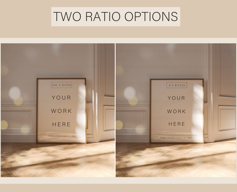 May include: Two mockups of a framed poster with the text "YOUR WORK HERE" in a light beige room with white trim and wooden floors. The poster on the left is in an ISO A ratio and the poster on the right is in a 4:3 ratio.