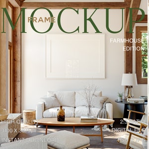 Horizontal frame mockup in farmhouse interior, White frame mockup on wall, Landscape framed poster mockup for print and artwork, Photoshop