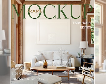Horizontal frame mockup in farmhouse interior, White frame mockup on wall, Landscape framed poster mockup for print and artwork, Photoshop