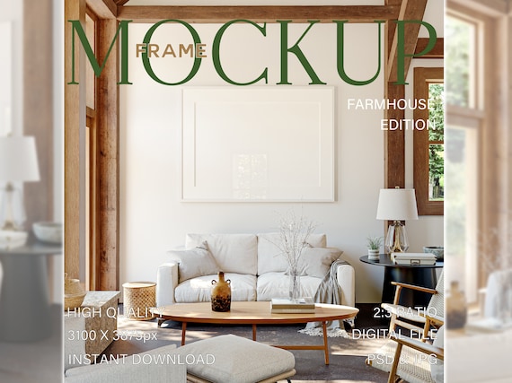 Horizontal frame mockup in farmhouse interior, White frame mockup on wall, Landscape framed poster mockup for print and artwork, Photoshop