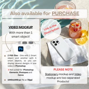 May include: A white phone case rests on a white towel next to a glass of pink beverage with fruit and a sliced orange. Text includes "VIDEO MOCKUP" and "Also available for PURCHASE". The image is a mockup for Photoshop.