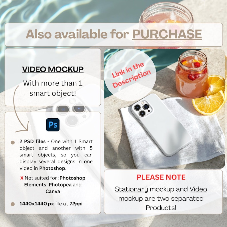 May include: A white phone case rests on a white towel next to a glass of pink beverage with fruit and a sliced orange. Text includes "VIDEO MOCKUP" and "Also available for PURCHASE". The image is a mockup for Photoshop.