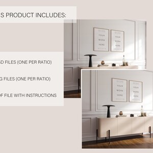 May include: Mockup of two framed prints with the text "Your Work Here" on a white wall above a light beige dresser with a black lamp. The text "This Product Includes:" is on the left side of the image with a list of digital files included in the product.