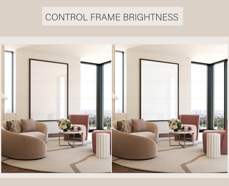 May include: A living room interior design with two curved sofas, a coffee table, and two accent chairs. The room has large windows and a black framed picture hanging on the wall.