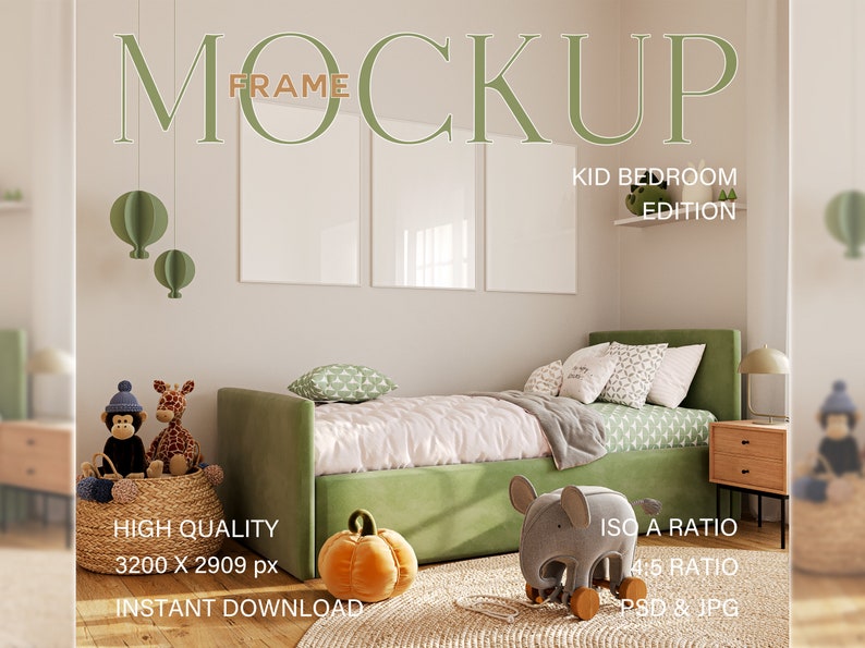 May include: A mockup of a kid's bedroom featuring three white frames, a green upholstered bed with a grey blanket and green patterned pillows, a wooden nightstand, a stuffed giraffe and monkey, a pumpkin, and a grey elephant toy. The text "Kid Bedroom Edition" is visible in the top right corner of the image.