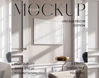 May include: A white picture frame mockup in a room with white walls and a gold table lamp. The frame is 3000 x 3750 pixels and has a 2:3 ratio. The text "Vintage Decor Edition" is visible above the frame.