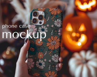 iPhone 15 Case Mockup Halloween: Woman Holding Phone (PSD, JPG, PNG), Tough cover Mock up for Canva