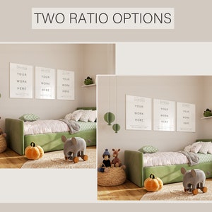 May include: Two mockups of a child's bedroom with a green bed, a gray elephant toy, a basket with stuffed animals, and three framed prints with the text "YOUR WORK HERE" on the wall.