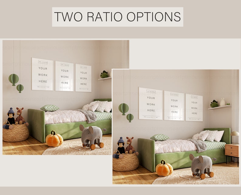 May include: Two mockups of a child's bedroom with a green bed, a gray elephant toy, a basket with stuffed animals, and three framed prints with the text "YOUR WORK HERE" on the wall.