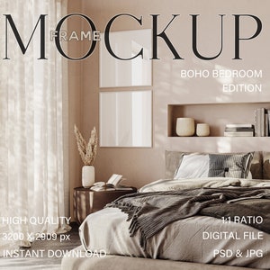 May include: A mockup of a bedroom interior featuring a bed, a side table, and two framed pictures. The bed has a grey blanket and pillows. The side table has a book and a vase with dried flowers. The text "BOHO BEDROOM EDITION" is visible in the top right corner of the image.
