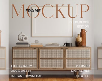 Horizontal frame mockup, Landscape wall art above console, PSD smart Object, Photoshop Photopea template